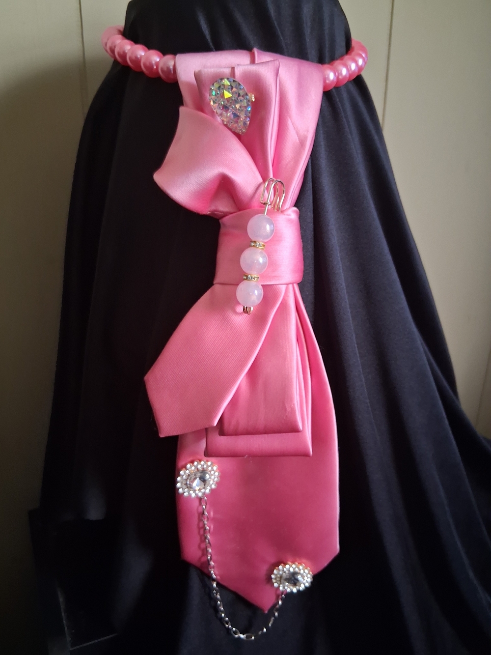 Pink Satin Bow Necklace Ladies Custom Bowtiw  with Crystal Accents